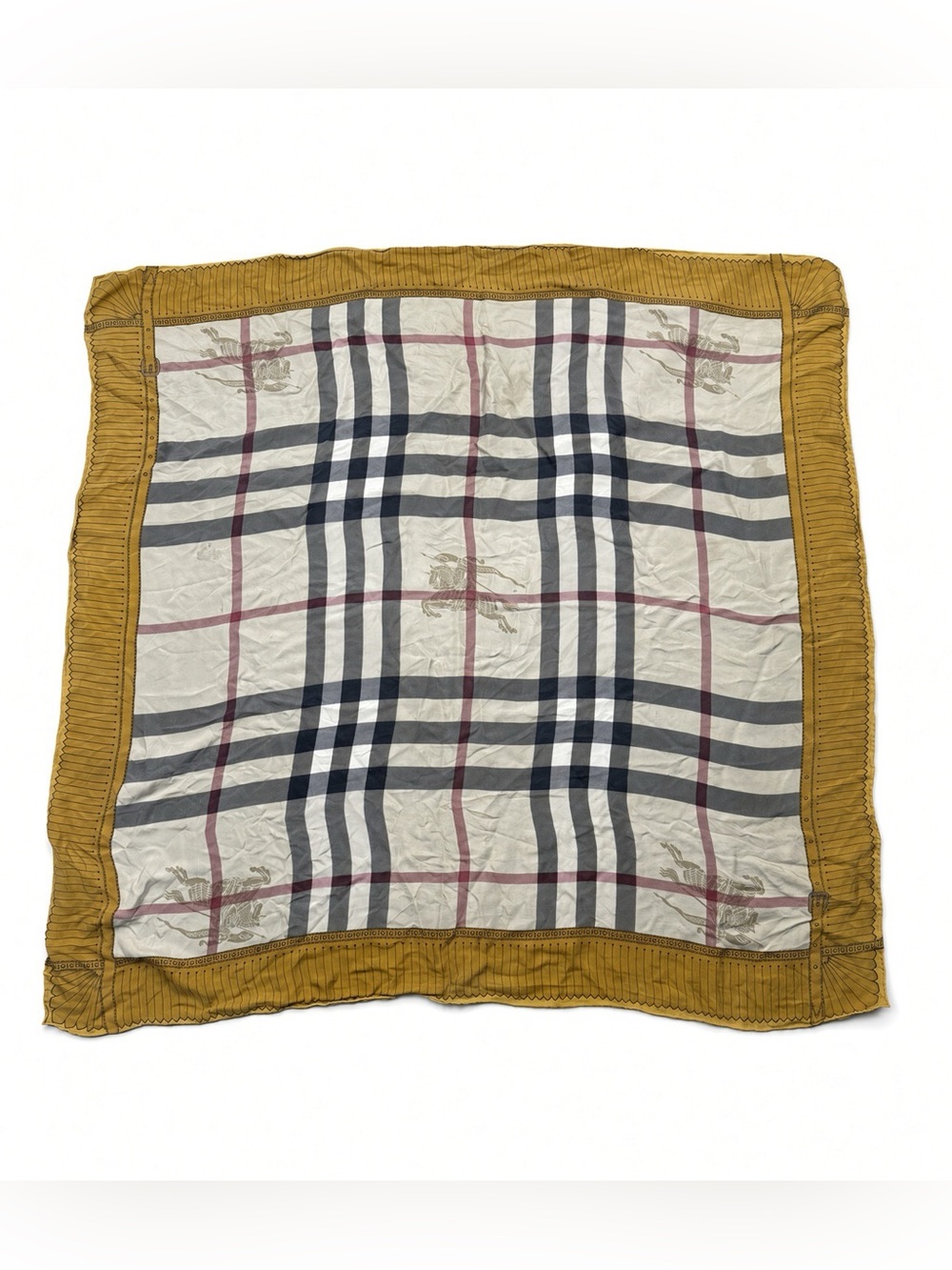 Vintage Burberry Silk Square Scarf Nova Check Knight EKD Mustard Border